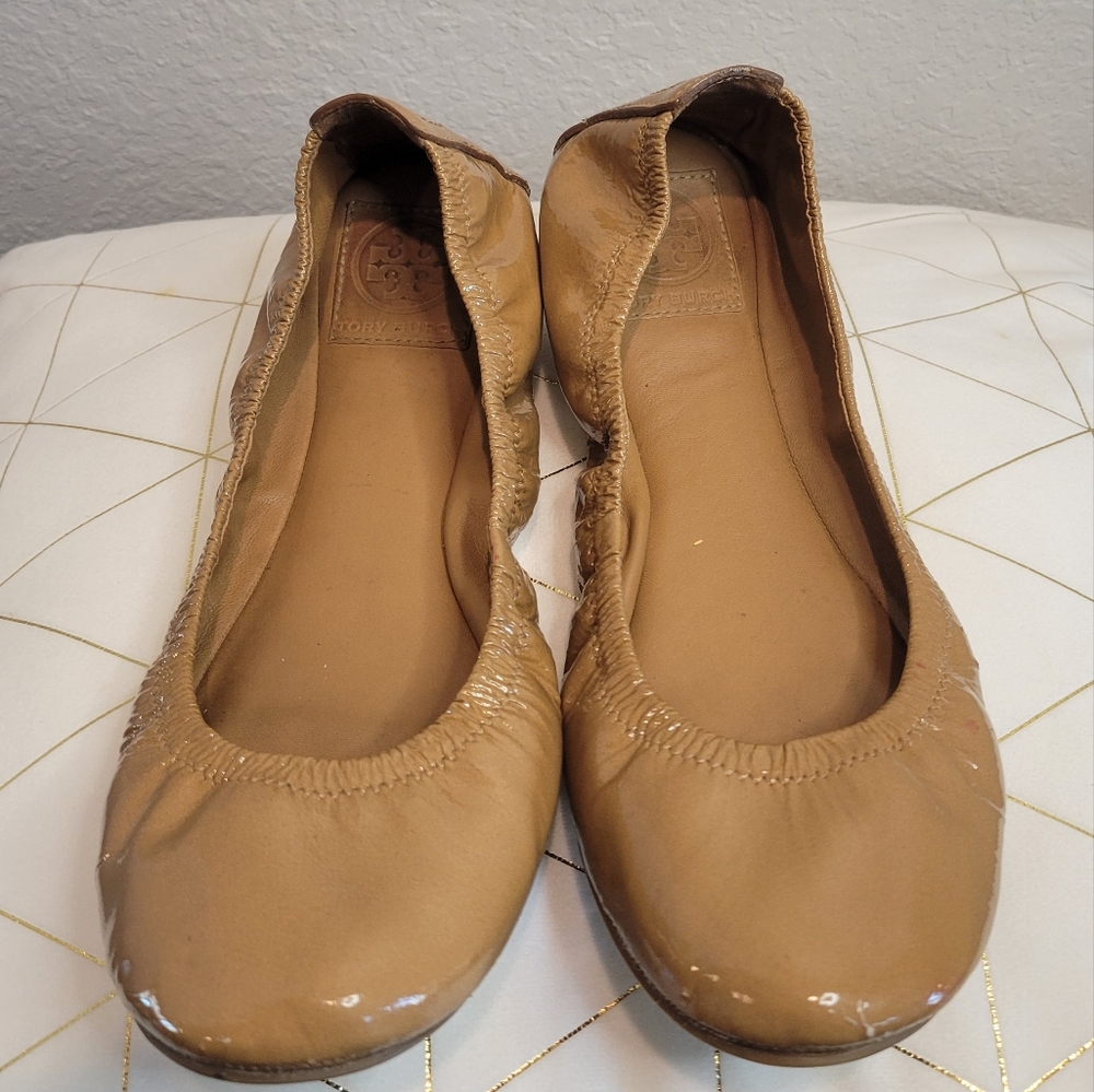 Tory Burch Eddie Ballet Flats Royal Tan Patent Leather Women's Size 10 M